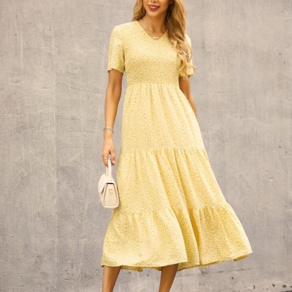V Neck Short Sleeves Yellow Floral Print Tiered Midi Dress